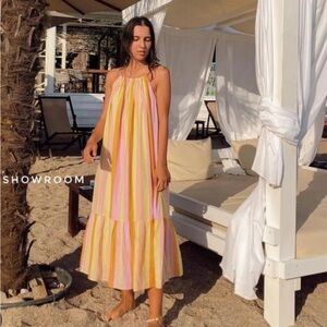 MANGO Pastel striped cotton halter neck maxi dress